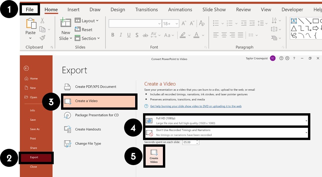 To convert PowerPoint to video, click the File tab, Export, Create a Video, choose your options and click Create Video