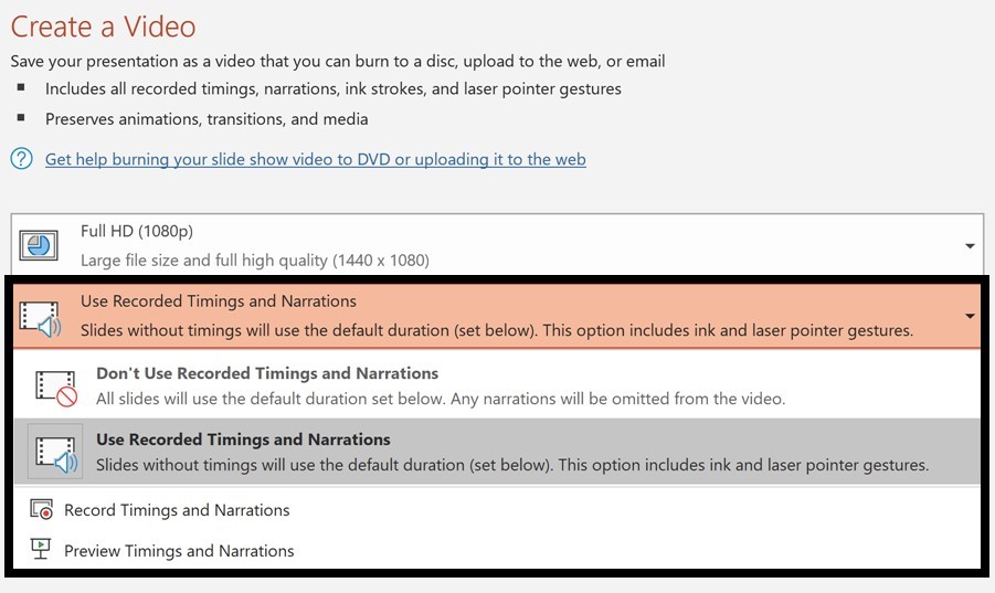 Recorded Timings and Narrations options for converting PowerPoint to video