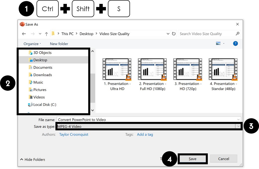 To save powerpoint as a video, hit Control plus shift plus S, navigate to where you want to save the video and change the save as type to MPEG-4 and click save
