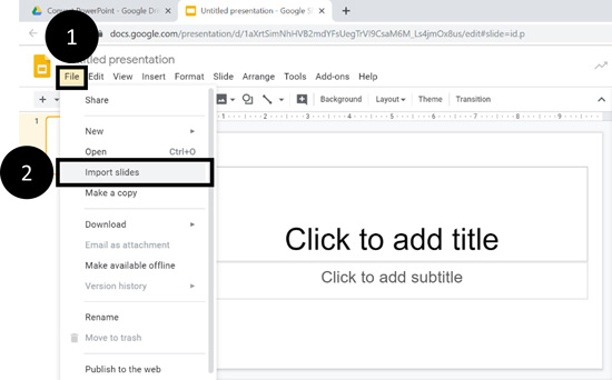 Open the Google Slides file tab and select Import Slides
