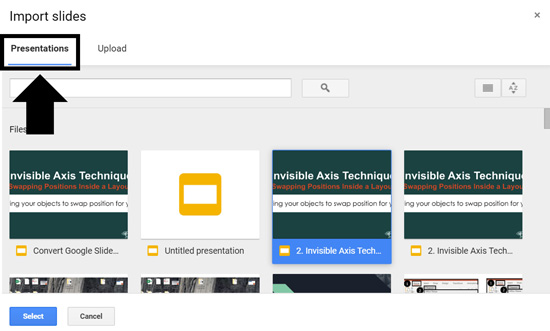 If you have previously uploaded your PowerPoint presentation to your Google Drive, select the presentation tab instead of the import tab