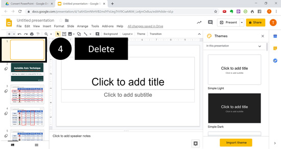 After your PowerPoint slides import into Google Slides, you will need to delete the first blank Google Slide in the presentation