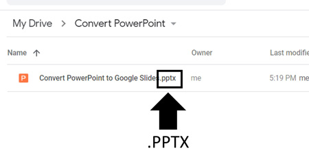 PowerPoint files display as .pptx files in your Google Drive, so we have not convereted the file by simply uploading it to Google Drive