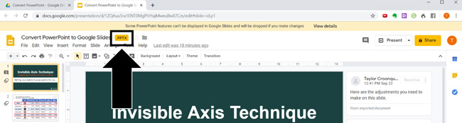 Opening PowerPoint with Google Slides still leaves you with a .pptx file, so we are not done yet.