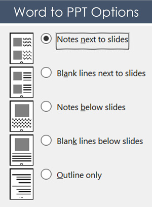 In the export PowerPoint to word dialog box, select Noes next to slides