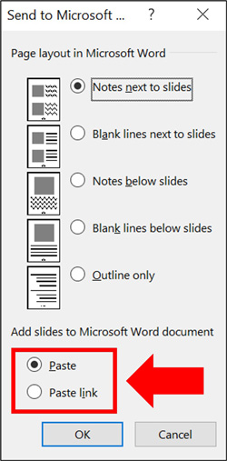 PowerPoint gives you the option to link your slides to Word, this is something I do not recommend