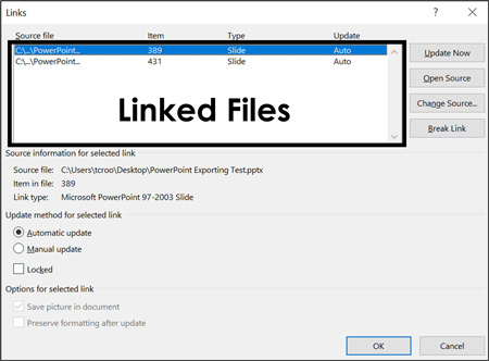 Example using the Links dialog box to review the linked slides in Word