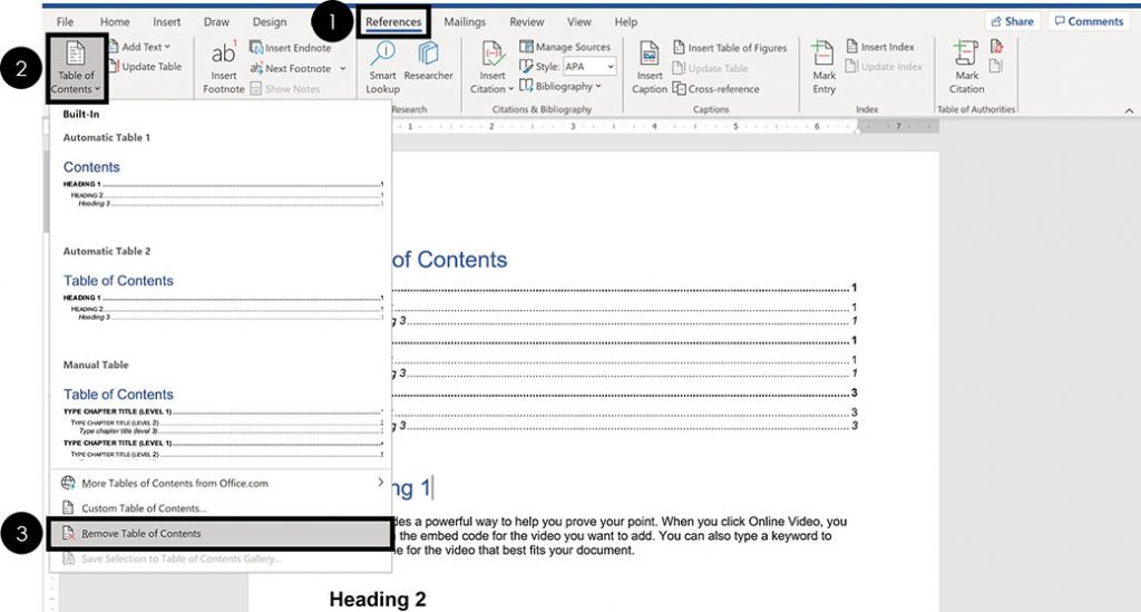 An alternate way to remove a table of contents in Word is to click the references tab, open the table of contents command drop down and select remove table of contents