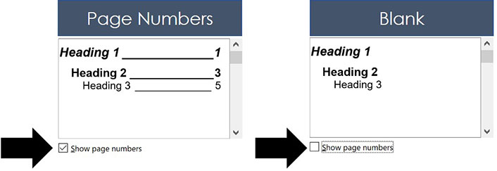 You can choose to choose your page numbers in your table of contents in Word, or unselect the page numbers option to remove them