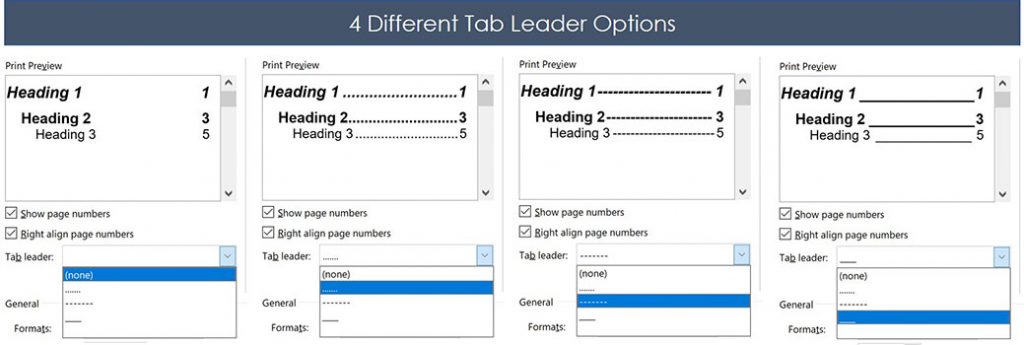 There are four styles of leader options for your table of contents in word to choose from