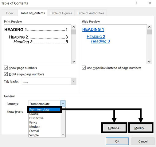 You can apply advanced formatting options to your custom table of contents in Word options and modify dialog boxes