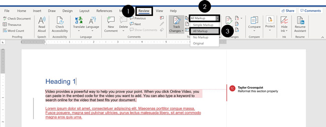To see all your tracked changes and comments again in Word, from the Review tab select All Markup