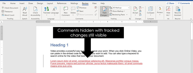 Example of comments hidden in Word while tracked changes are still visible