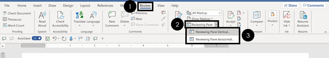 From the Review tab, select the vertical or horizontal review pane
