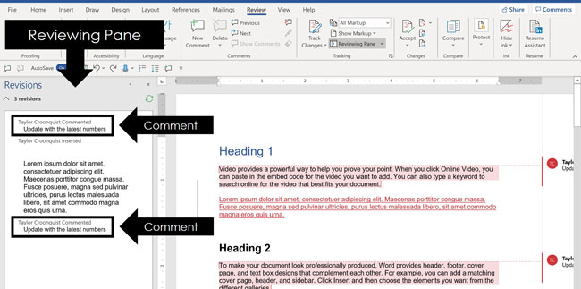 Inside the Reviewing Pane in word you can see all of the comments added to your document