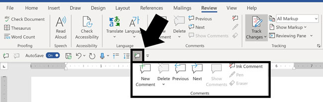 Example of the comments group added to the quick access toolbar