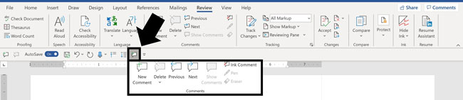 The comments group with all of its commands on the quick access toolbar