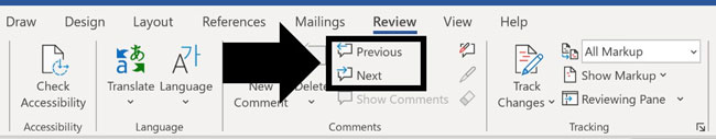 On the Review tab you can use the previous and next commands to cycle through the comments in your word document