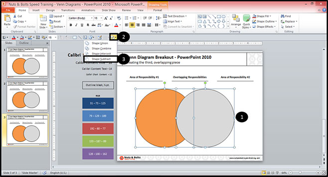 Select both of the circles of your venn diagram in PowerPoint and from the merge shapes tool, select subtractt