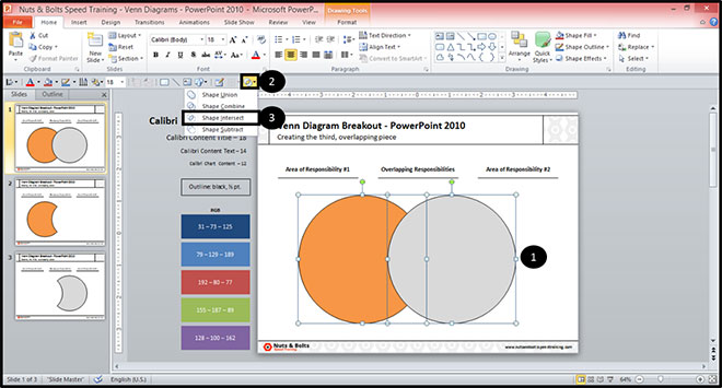 Select both of the circles of your venn diagram in PowerPoint, then use the combine shapes tool and select shape intersect