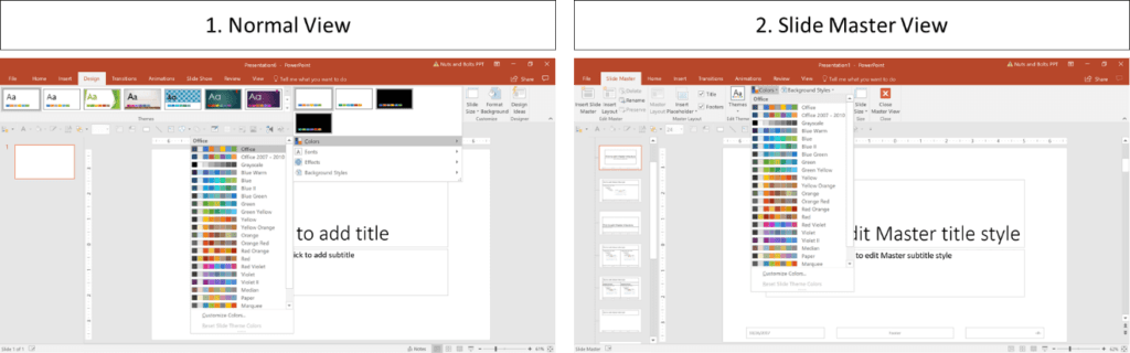 You can see your PowerPoint theme colors in the Design tab in the Normal view or on your slide master