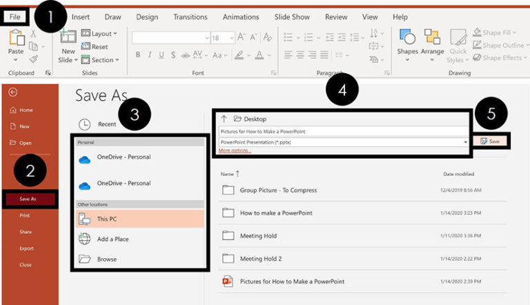 To save your PowerPoint presentation, click the File tab, select Save As, choose a location, name your file and click save.