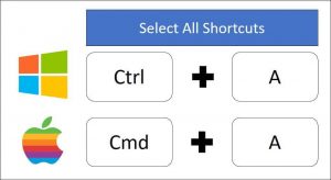 The Select All shortcut on a PC is Control plus A, on a Mac it is command plus A to select all