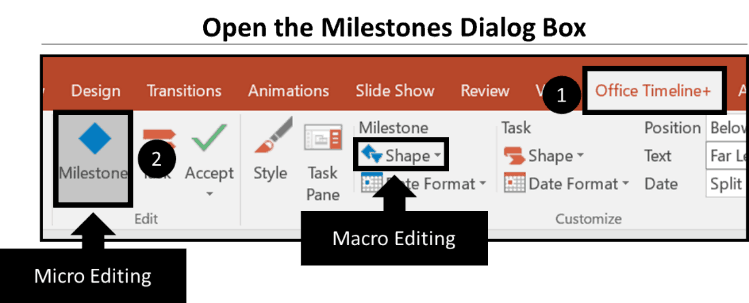 You can choose to change a single milestone shape or use the Macro editing options to change all of the milestone shapes