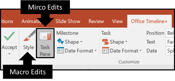 Use the Task Pane to make micro edits to your Office Timeline graphic and the style command to make macro level edits to your timeline