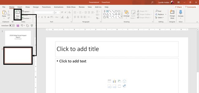 To insert a new slide in PowerPoint, on the home tab click the New Slide command