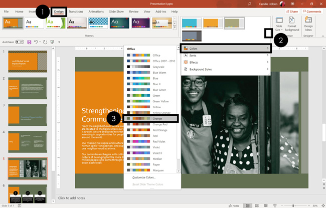 To change the theme color for your presentation, select the Design tab, open the Colors options and choose the colors you want to use