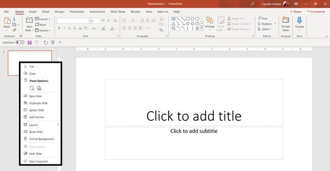 Right clicking a PowerPoint slide in the thumbnail view gives you a variety of options like adding new slides, adding sections, changing the layout, etc.