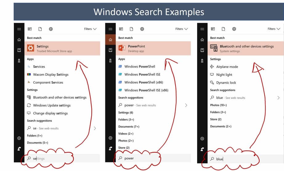 Examples of window searches after hitting the Windows key and then typing text
