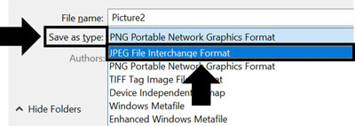 In the save as dialog box, open the save as type and select JPEG file interchange format