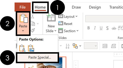 In PowerPoint, click the Home Tab, open the Paste drop down and select Paste Special to convert PNG to JPG