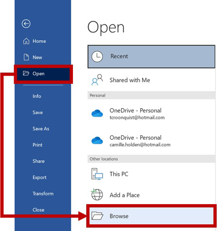 Click Open in Word and select browse to find your document