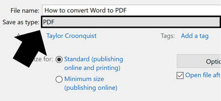 For the Save as type, select the PDF file type