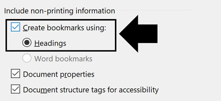 In the Options dialog box, select Create bookmarks using Headings