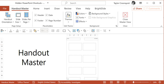 The handout master view in PowerPoint