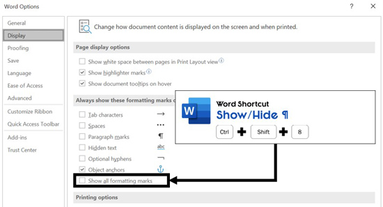 on ms word formatting marks are
