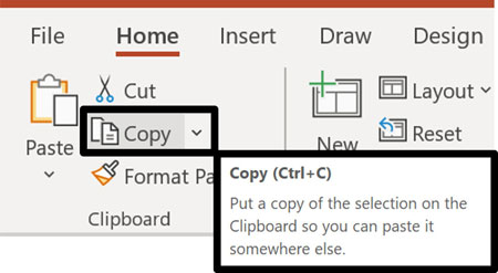 If you hover your mouse cursor over the Copy command it's Ctrl+C keyobard shortcut pops up