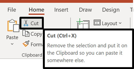Hover your mouse cursor over the cut command to see the pop up keyboard shortcut Ctrl+X