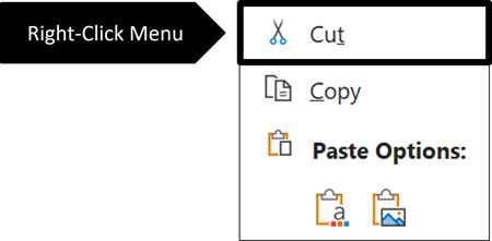 Right-click an object you want to cut and select cut in the menu