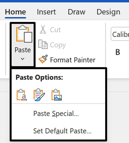 Clicking the arrow at the bottom of the Paste command gives you additional options for pasting content in Word, Excel, and PowerPoint