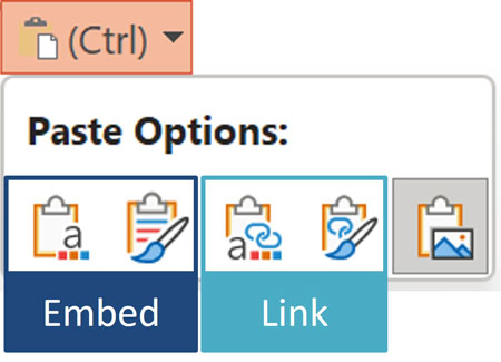 Pasting a chart from Excel into PowerPoint or Word, opens the Embed and Link Paste Options for embedding or linking your chart