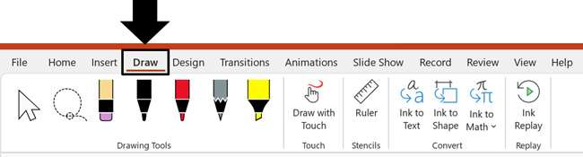 The Draw tab give you access to the Pen and Highlighter commands in PowerPoint