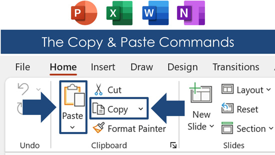 The copy and paste commands are located on the home tab in Microsoft Office 365