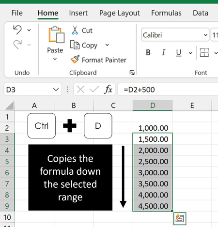 Example using control plus D in excel to copy a formula down a selected range