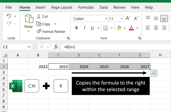 Example using control plus R in Excel to copy the formulas to the right within the selected range