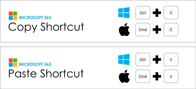 The copy shortcut is control plus C and the Paste shortcut is control plus V
